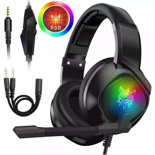 Gaming headset with RGB lighting, microphone, and cable on a white background
